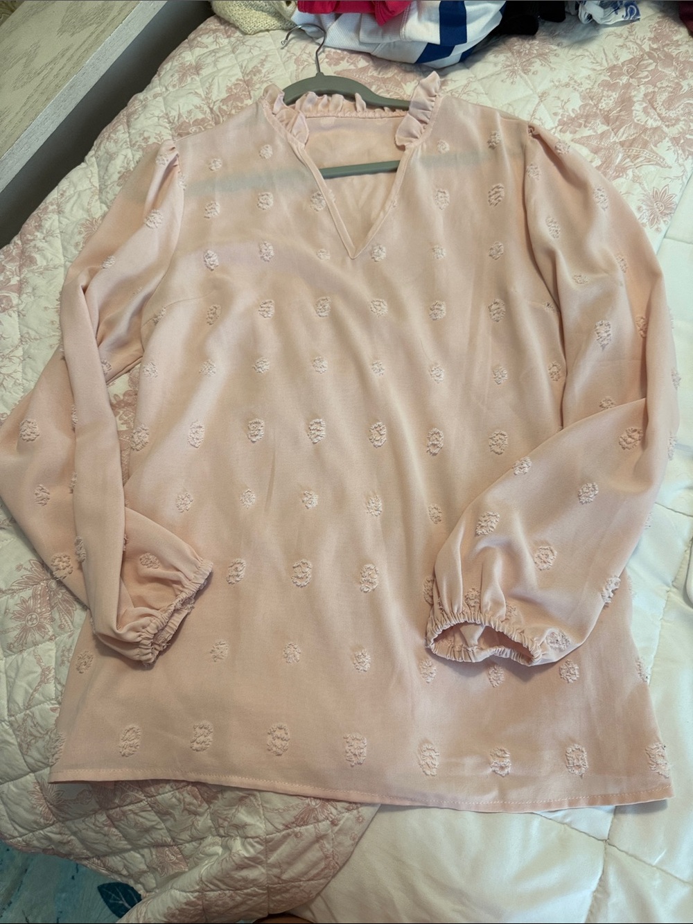 Light Blush Ruffle V-Neck Long Sleeve Blouse
